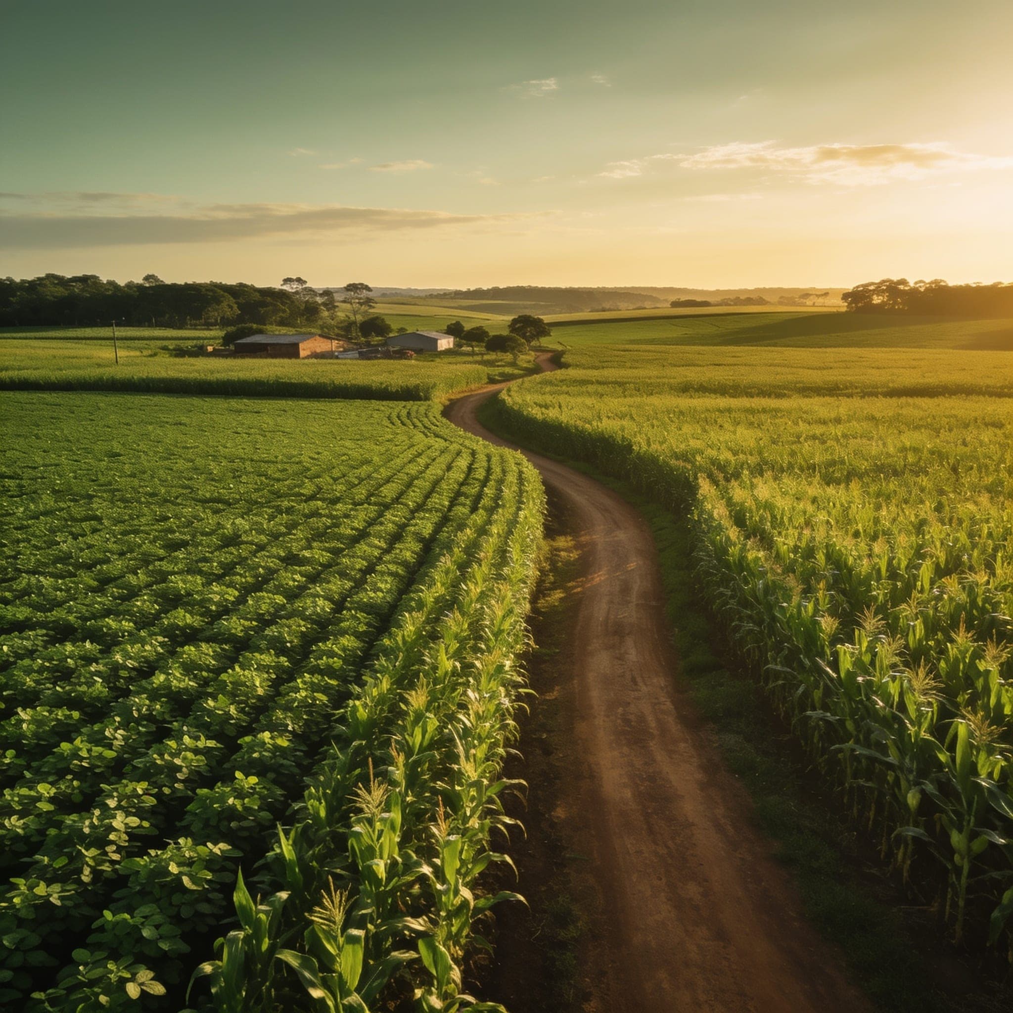 Lavoura de soja e de milho ao entardecer, cortada por uma estrada de terra, com a sede da propriedade ao fundo